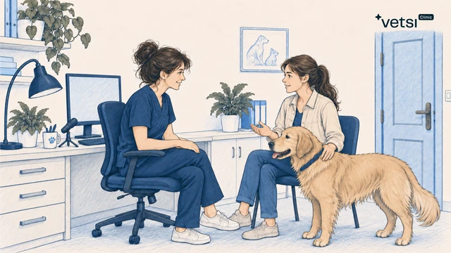 Lekarka weterynarii rozmawia z opiekunką golden retrievera w jasnym gabinecie. Na biurku stoją komputer i mikrofon skierowany w stronę rozmówczyń.