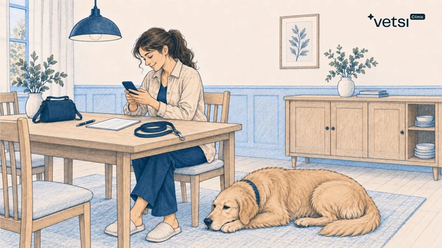 Opiekunka korzysta z telefonu przy drewnianym stole w jadalni. Na blacie leżą zalecenia z wizyty i smycz, a obok krzesła odpoczywa golden retriever.