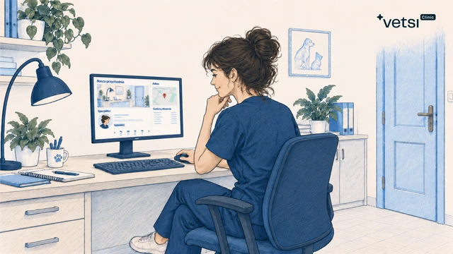 Lekarka weterynarii siedzi przy biurku w jasnym gabinecie i ogląda wizytówkę swojej placówki na monitorze. Na ekranie widać zdjęcie gabinetu, profil specjalistki, mapę i kalendarz wizyt.